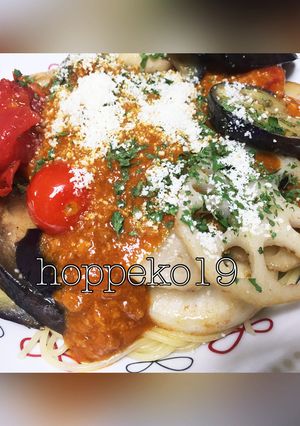 レトルトボロネーゼに一手間焼き野菜パスタ-レシピのメイン写真
