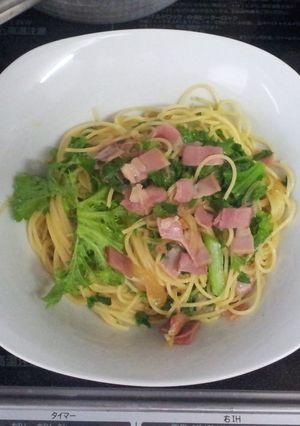 ベーコンと玉ねぎで　わさび菜の和風パスタ-レシピのメイン写真
