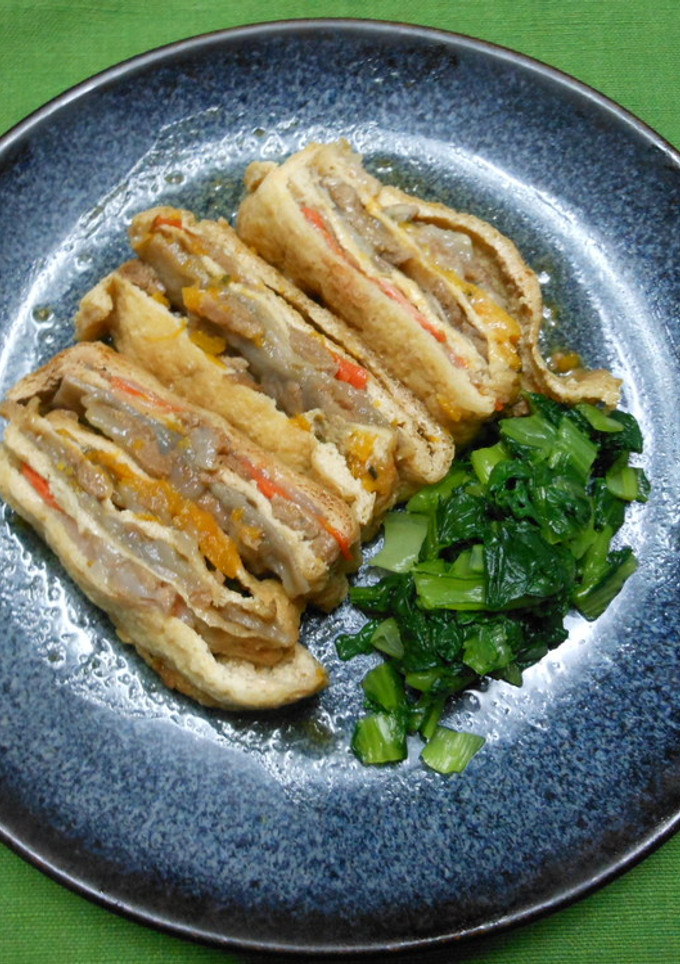 大豆のお肉で油揚げと根菜の重ね煮-レシピのメイン写真