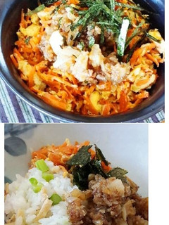 余りおかずで混ぜいなりの人参卵・蓮根豚丼-レシピのメイン写真
