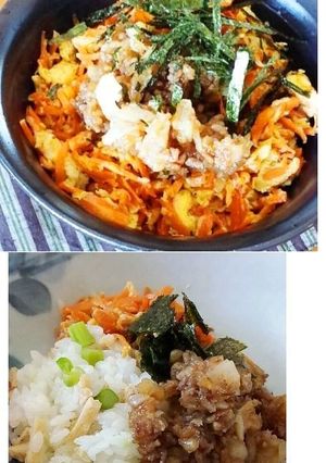 余りおかずで混ぜいなりの人参卵・蓮根豚丼-レシピのメイン写真