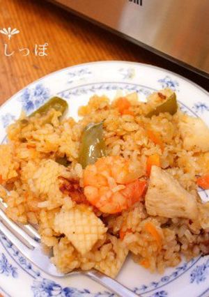 ホットプレート冷凍シーフードパエリヤ-レシピのメイン写真