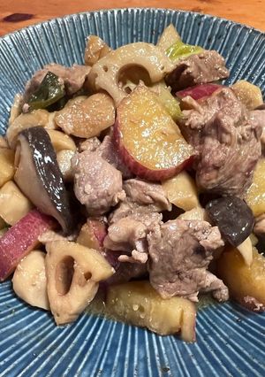 さつま芋・蓮根・エリンギ・豚肉の甘辛煮-レシピのメイン写真