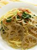 れんこんとベーコンとほうれん草のパスタ