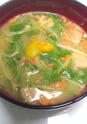 あん肝と水菜のお味噌汁-レシピのメイン写真