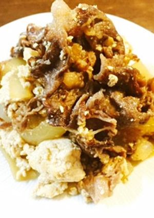 すぐ！材料３つ牛肉と焼き豆腐のすき焼き風-レシピのメイン写真