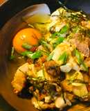 豚こまぎれ肉と長ネギの玉かけスキヤキ炒め
