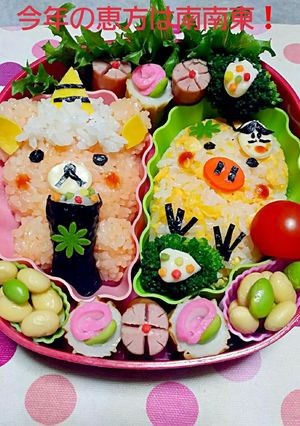 キャラ弁赤鬼リラックマ福の神キイロイトリ-レシピのメイン写真