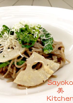 蓮根と菜の花の早春カルボナーラ蕎麦-レシピのメイン写真