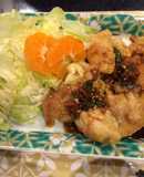 鶏モモ肉を 玉子衣焼きで ネギソース添え