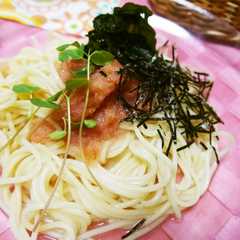 A picture of たらこガーリックオリーブオイル漬けパスタ.