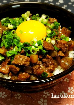 ビーフとごぼうと蒟蒻のゴロゴロ丼-レシピのメイン写真