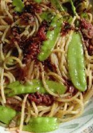 コンビーフとさやえんどうのスパゲッティ、バルサミコ風味-レシピのメイン写真