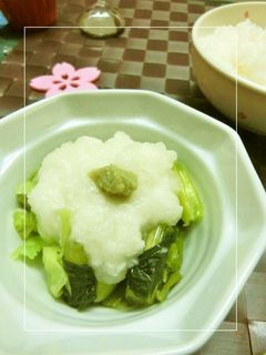 野沢菜漬けに、わさびとろろとエゴマ油。-レシピのメイン写真