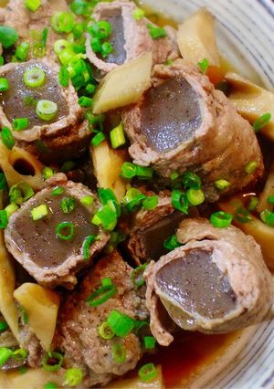 こんにゃくの肉巻きと蓮根の炊き合わせ-レシピのメイン写真