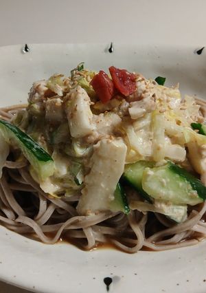 長芋と蒸し鶏の胡麻マヨサラダのっけ蕎麦-レシピのメイン写真