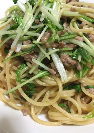 水菜とひき肉の和風パスタ-レシピのメイン写真