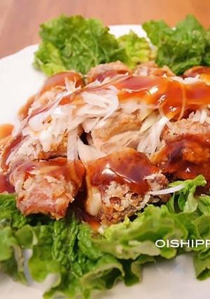 フライパンで一枚のまま焼き唐揚げ甘酢ダレ-レシピのメイン写真