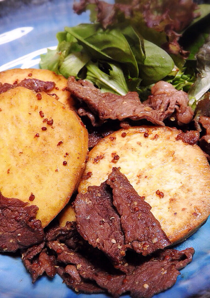 分量簡単♪牛肉さつまいものマスタード炒め-レシピのメイン写真