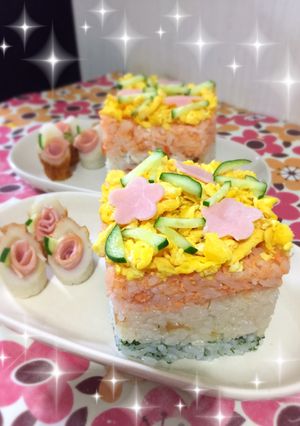 節約でもひなまつり♪ひし餅風押し寿司-レシピのメイン写真