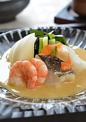 豆乳酢味噌ソース・鱈とエビ、野菜を添え-レシピのメイン写真