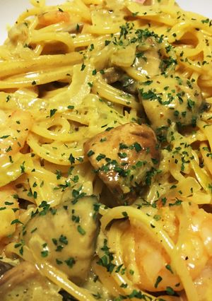 エビとマッシュルームのカレー風味パスタ-レシピのメイン写真