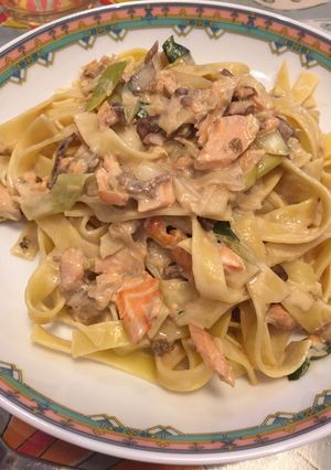 ネギと鮭、ポルチーニのクリームパスタ-レシピのメイン写真