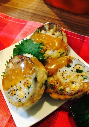 鶏つくねのレンコンはさみ焼き-レシピのメイン写真