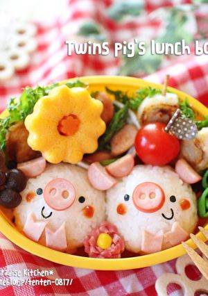 キャラ弁＊簡単♪ツインズぶたさん弁当-レシピのメイン写真
