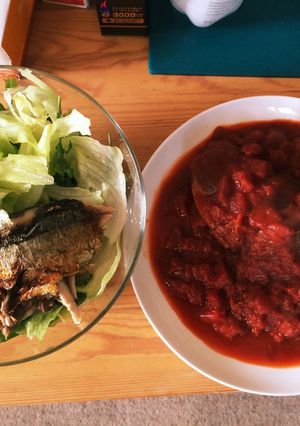 鶏のムネ肉のトマトソース煮とさんまサラダ-レシピのメイン写真