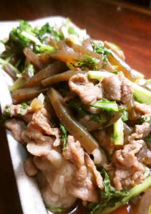 水菜とこんにゃくの豚肉辛煮-レシピのメイン写真