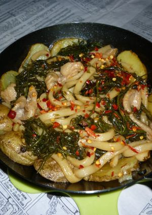 鉄パンで鶏皮・あかもくの焼きうどん-レシピのメイン写真