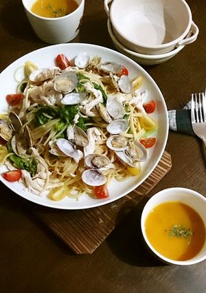 菜の花とあさりと鶏ハムのパスタ-レシピのメイン写真
