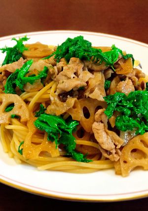 蓮根と豚肉のわさび菜パスタ☆彡-レシピのメイン写真