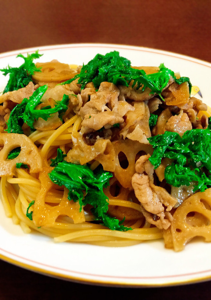 蓮根と豚肉のわさび菜パスタ☆彡-レシピのメイン写真
