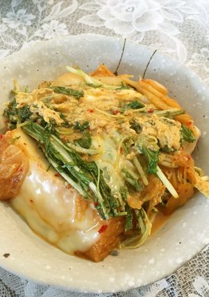 絹揚げと水菜のキムチーズ蒸し☆時短♪-レシピのメイン写真