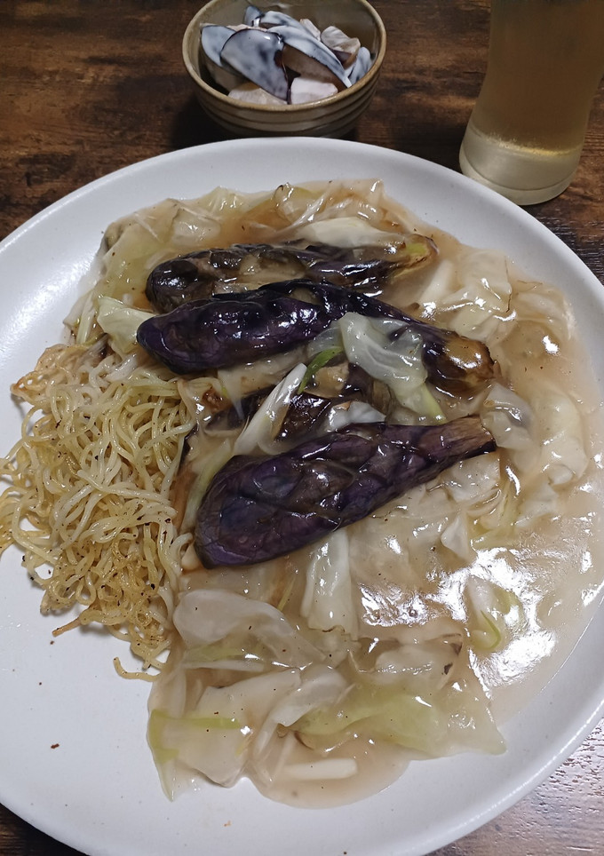 揚げ茄子ネギキャベツの塩餡掛け揚焼きそば-レシピのメイン写真