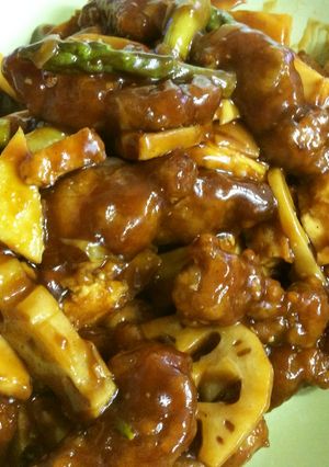 赤酢の酢豚筍とレンコンにアスパラと厚揚げ-レシピのメイン写真