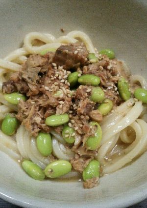 夏の最後に 鯖味噌と枝豆の混ぜうどん-レシピのメイン写真