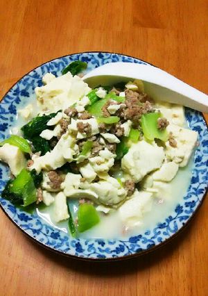 豚挽き肉とチンゲン菜の豆腐スープ炒め-レシピのメイン写真