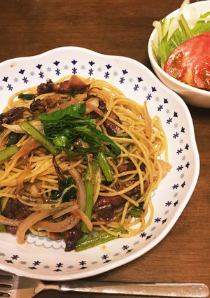 ホタルイカとみず菜 醤油バター和風パスタ-レシピのメイン写真