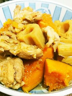 彼氏喜ぶご飯25かぼちゃ蓮根鶏肉の煮物-レシピのメイン写真