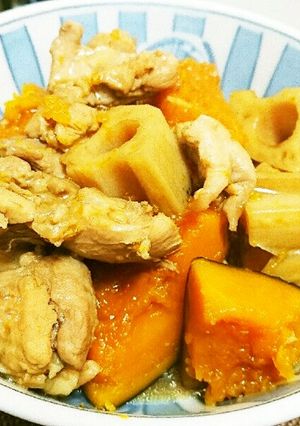 彼氏喜ぶご飯25かぼちゃ蓮根鶏肉の煮物-レシピのメイン写真