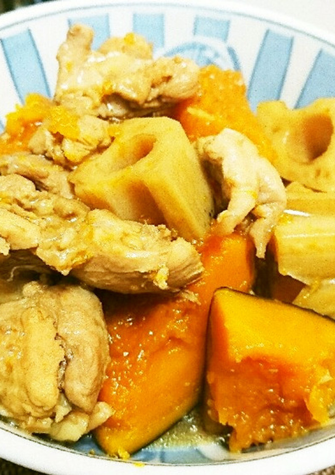 彼氏喜ぶご飯25かぼちゃ蓮根鶏肉の煮物-レシピのメイン写真