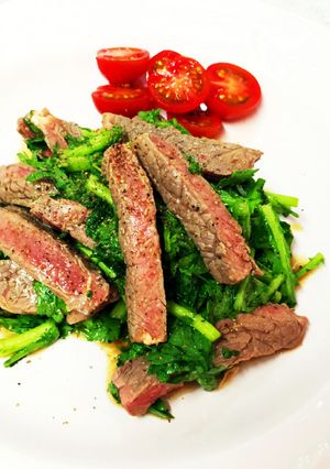 超簡単♪牛ステーキ肉と春菊のサラダ風-レシピのメイン写真