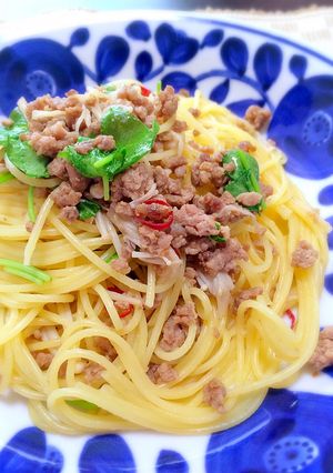 挽き肉と三つ葉の和風パスタ-レシピのメイン写真
