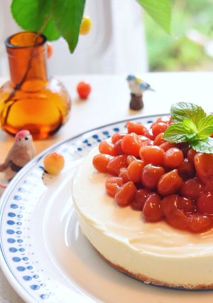 さくらんぼコンポートがけレアチーズケーキ-レシピのメイン写真