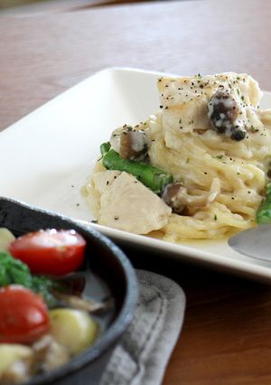 サラダチキンとアスパラのクリームパスタ-レシピのメイン写真