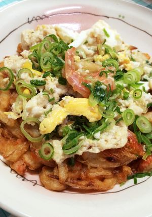 市販かき揚げに卵麺つゆかけ-レシピのメイン写真