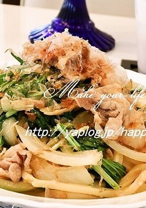 水菜＆豚の生姜焼き風味☆焼きうどん-レシピのメイン写真
